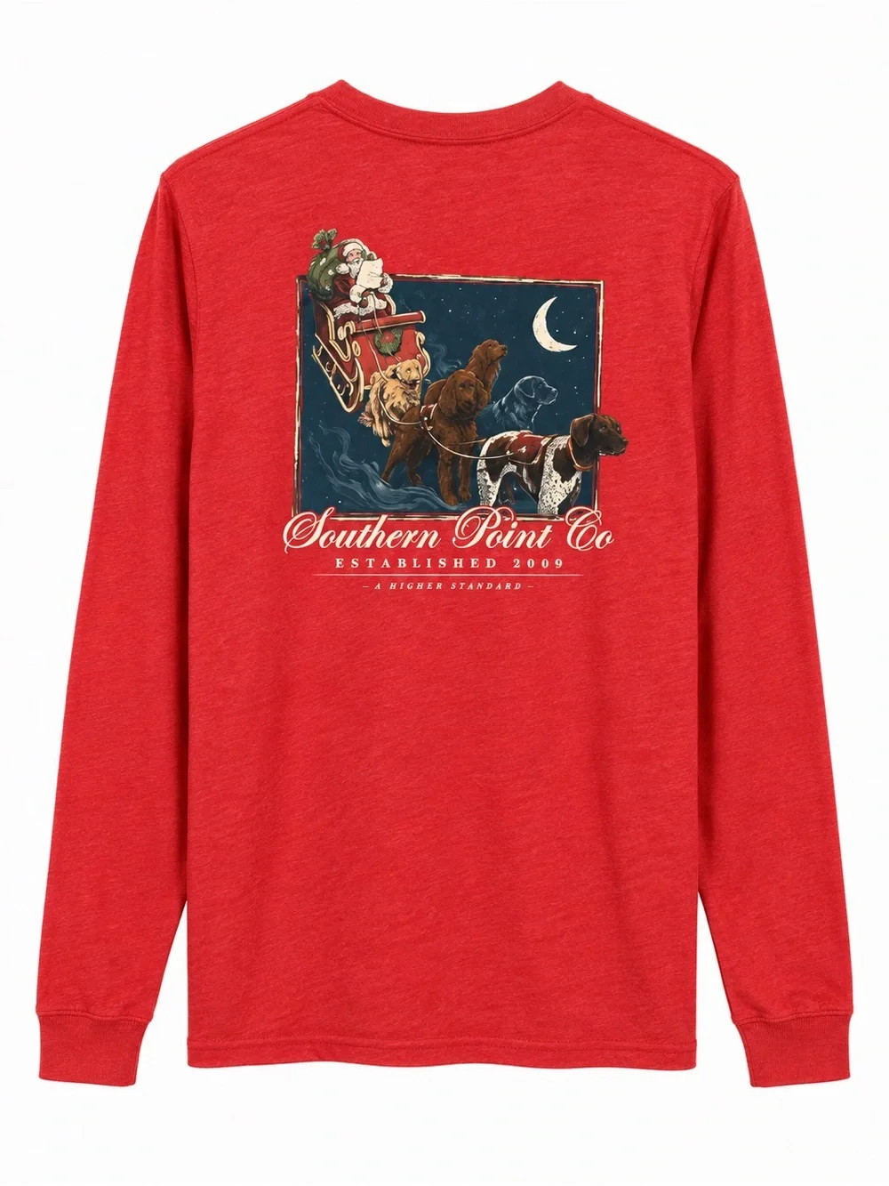 Southern Point Co Christmas Santa Dog Sleigh Long Sleeve Pocket Tee